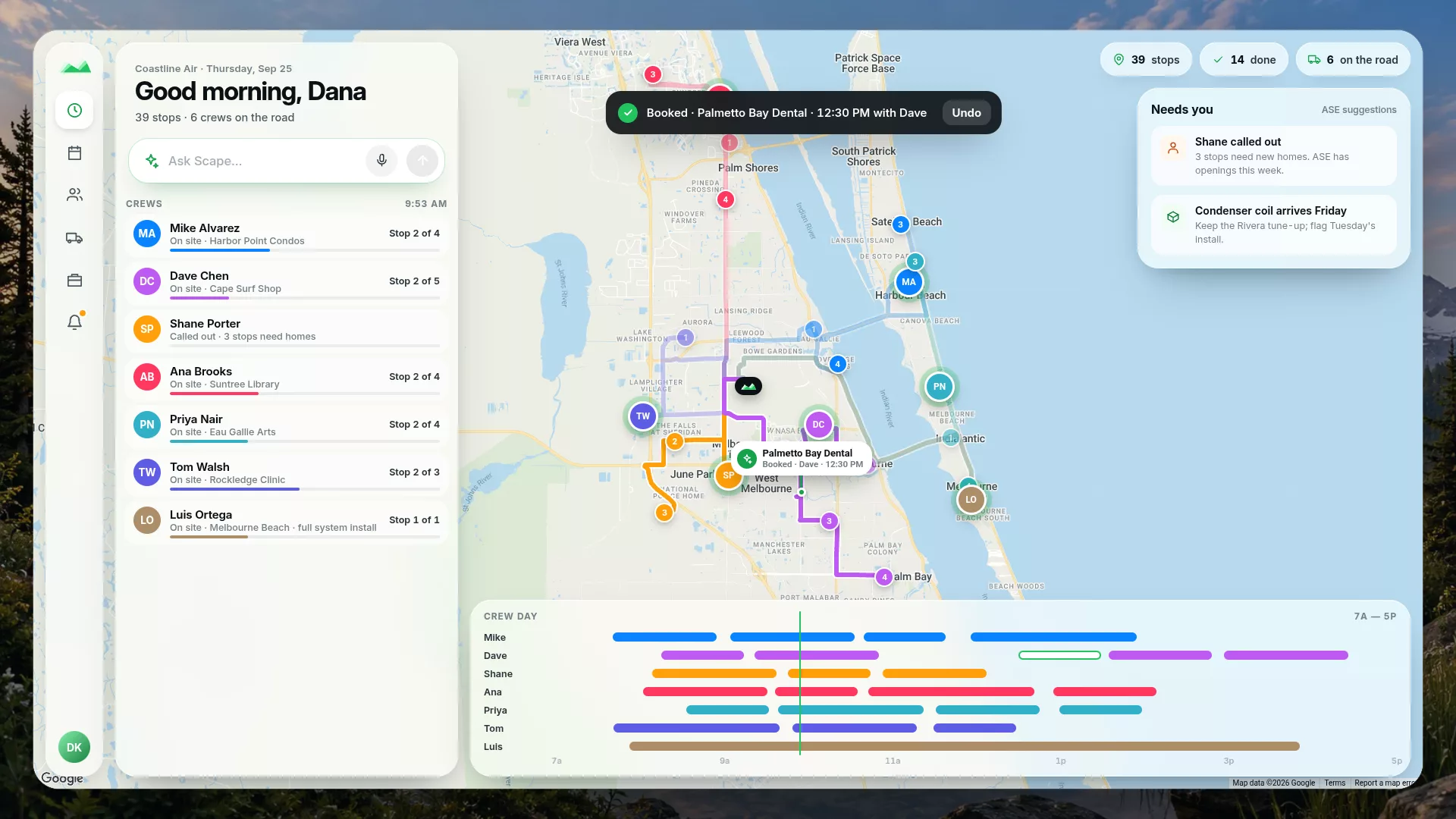 Scape dispatch view: crews on a live map of Melbourne, Florida, with the Scape AI bar and a day timeline, for a fictional HVAC company.